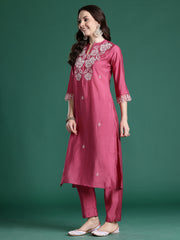 Pink Solid Straight Kurta Trousers With Dupatta Set