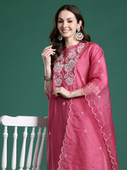 Pink Solid Straight Kurta Trousers With Dupatta Set
