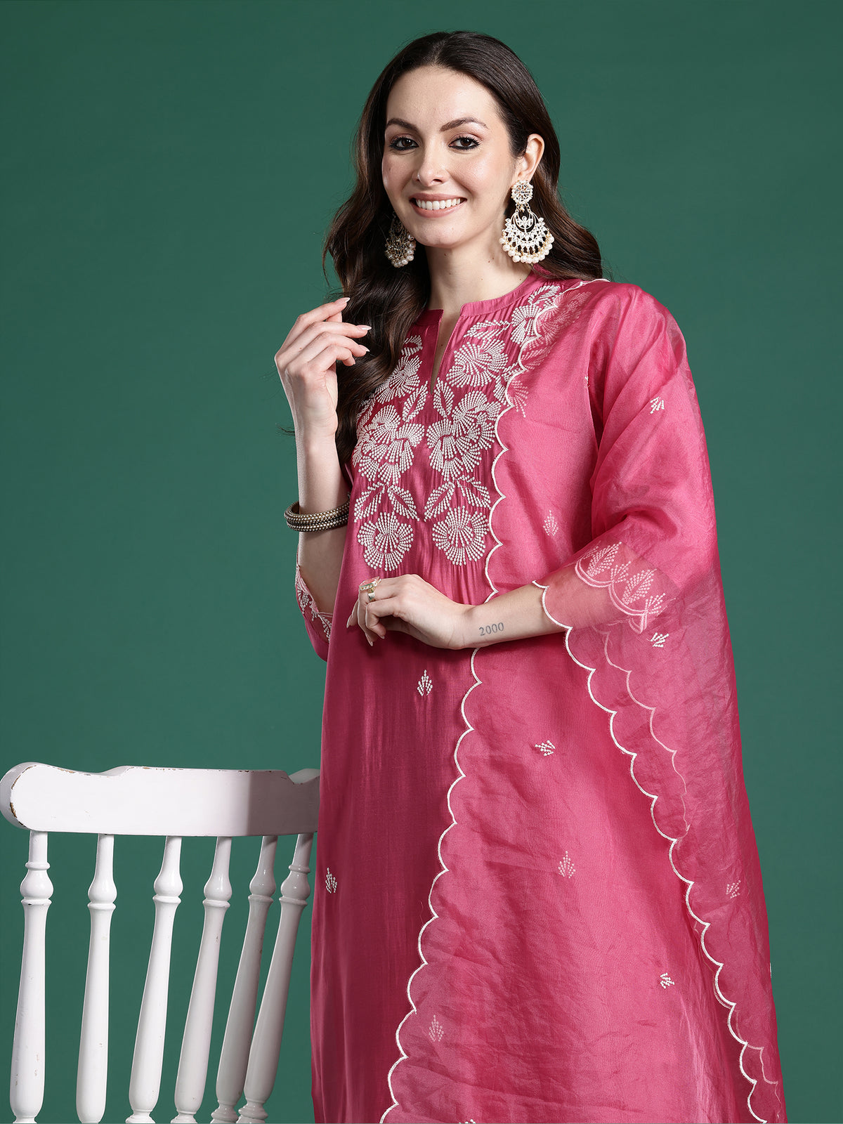 Pink Solid Straight Kurta Trousers With Dupatta Set