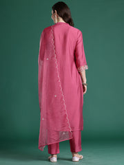 Pink Solid Straight Kurta Trousers With Dupatta Set