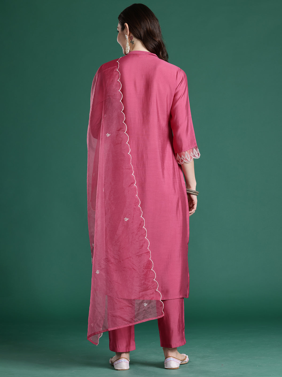 Pink Solid Straight Kurta Trousers With Dupatta Set