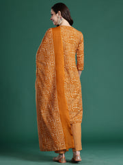 Mustard Printed Straight Kurta Trousers With Dupatta Set