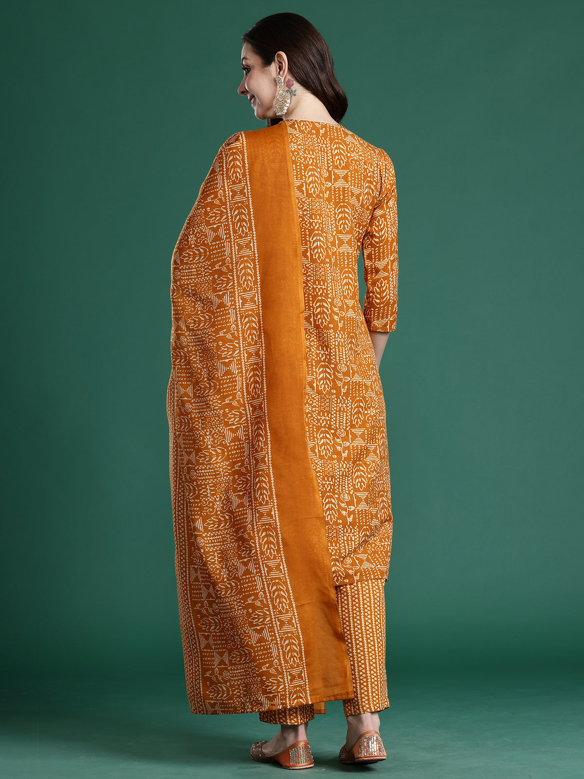 Mustard Printed Straight Kurta Trousers With Dupatta Set