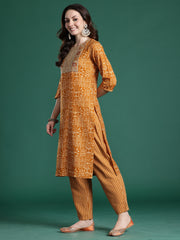 Mustard Printed Straight Kurta Trousers With Dupatta Set