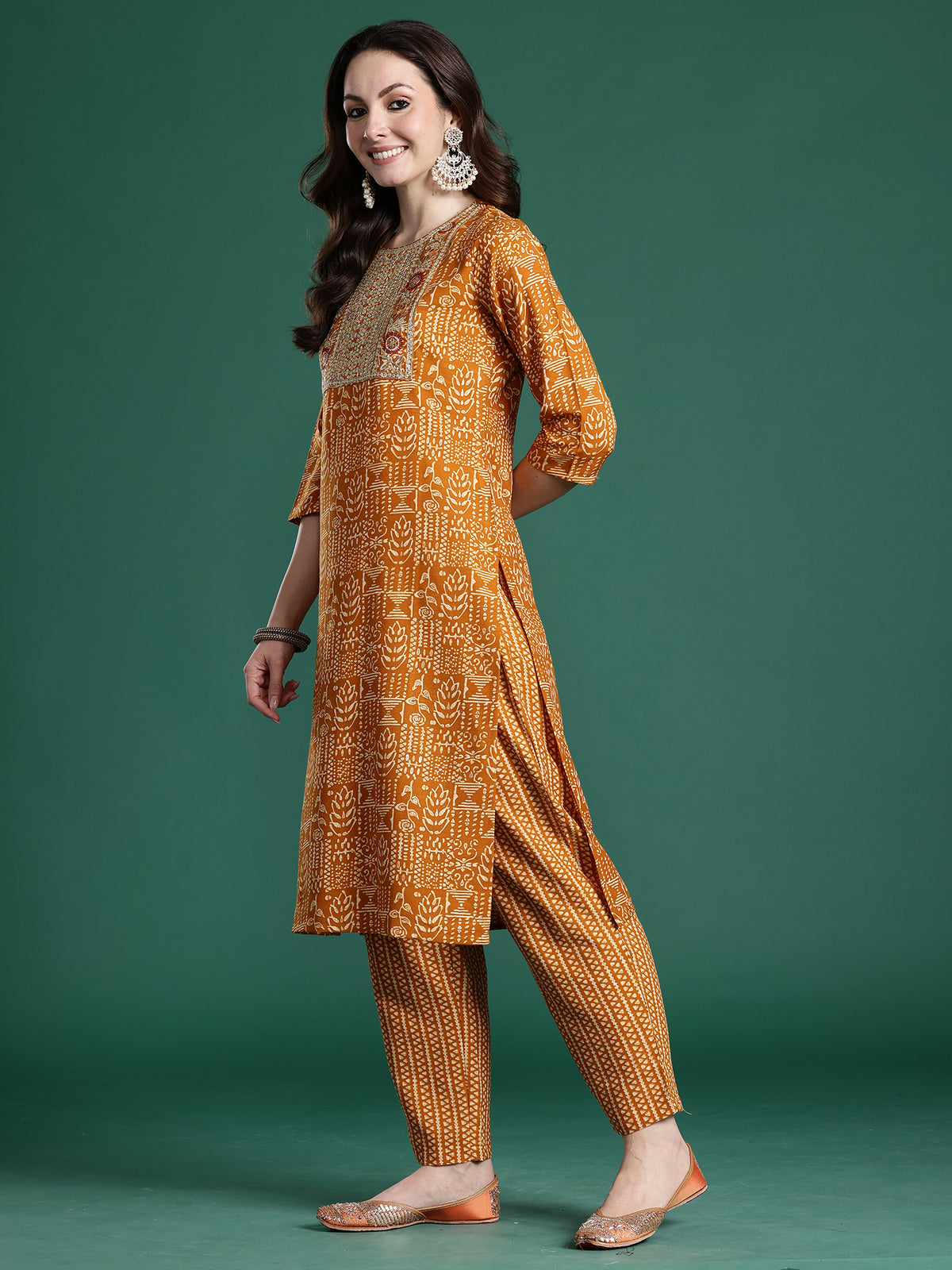 Mustard Printed Straight Kurta Trousers With Dupatta Set