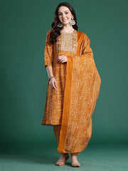 Mustard Printed Straight Kurta Trousers With Dupatta Set