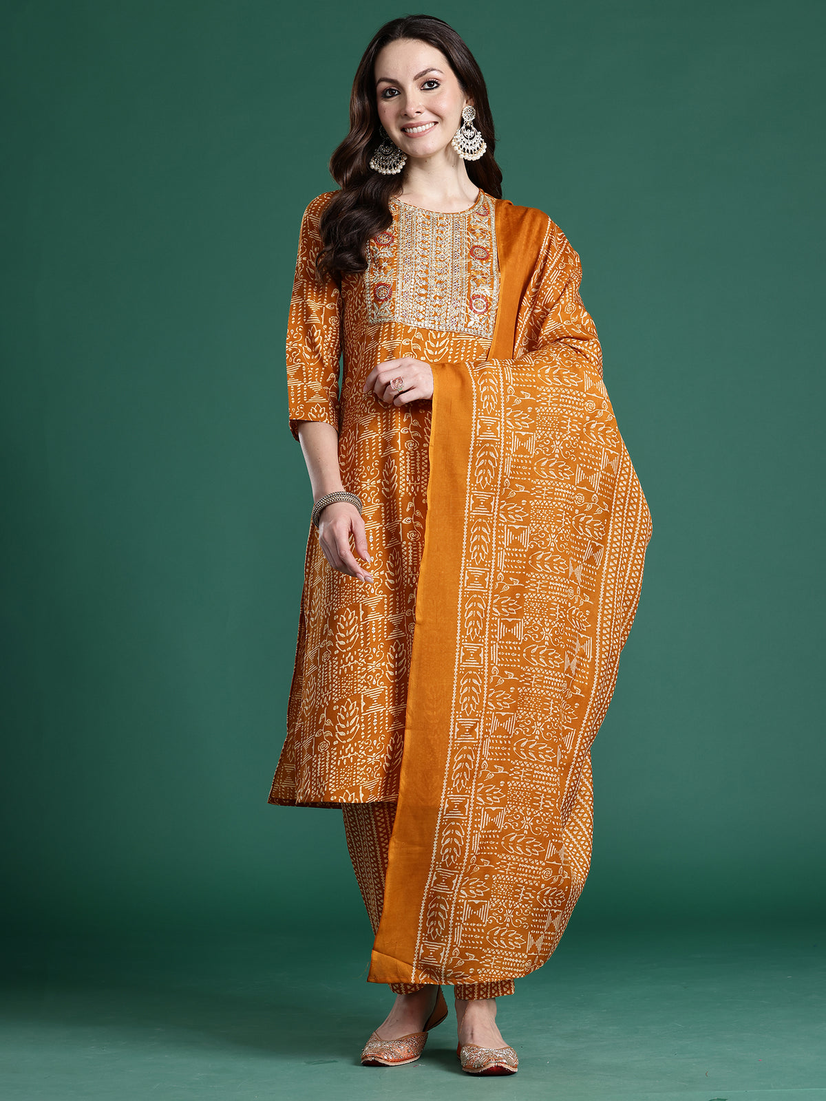 Mustard Printed Straight Kurta Trousers With Dupatta Set