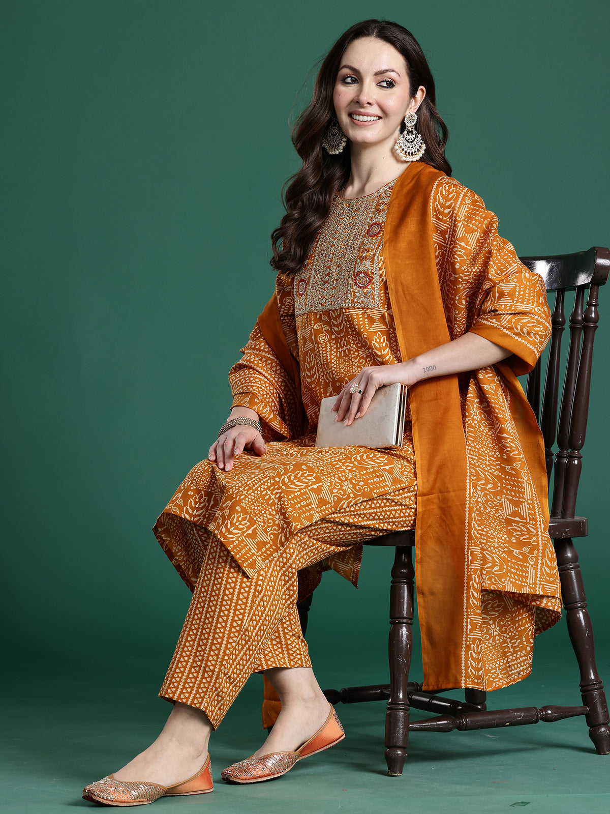 Mustard Printed Straight Kurta Trousers With Dupatta Set
