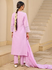 Pink Embroidered Straight Kurta Trousers With Dupatta Set