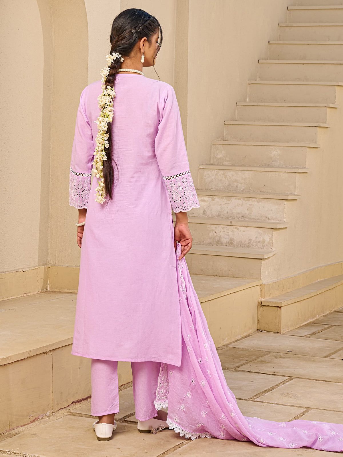 Pink Embroidered Straight Kurta Trousers With Dupatta Set