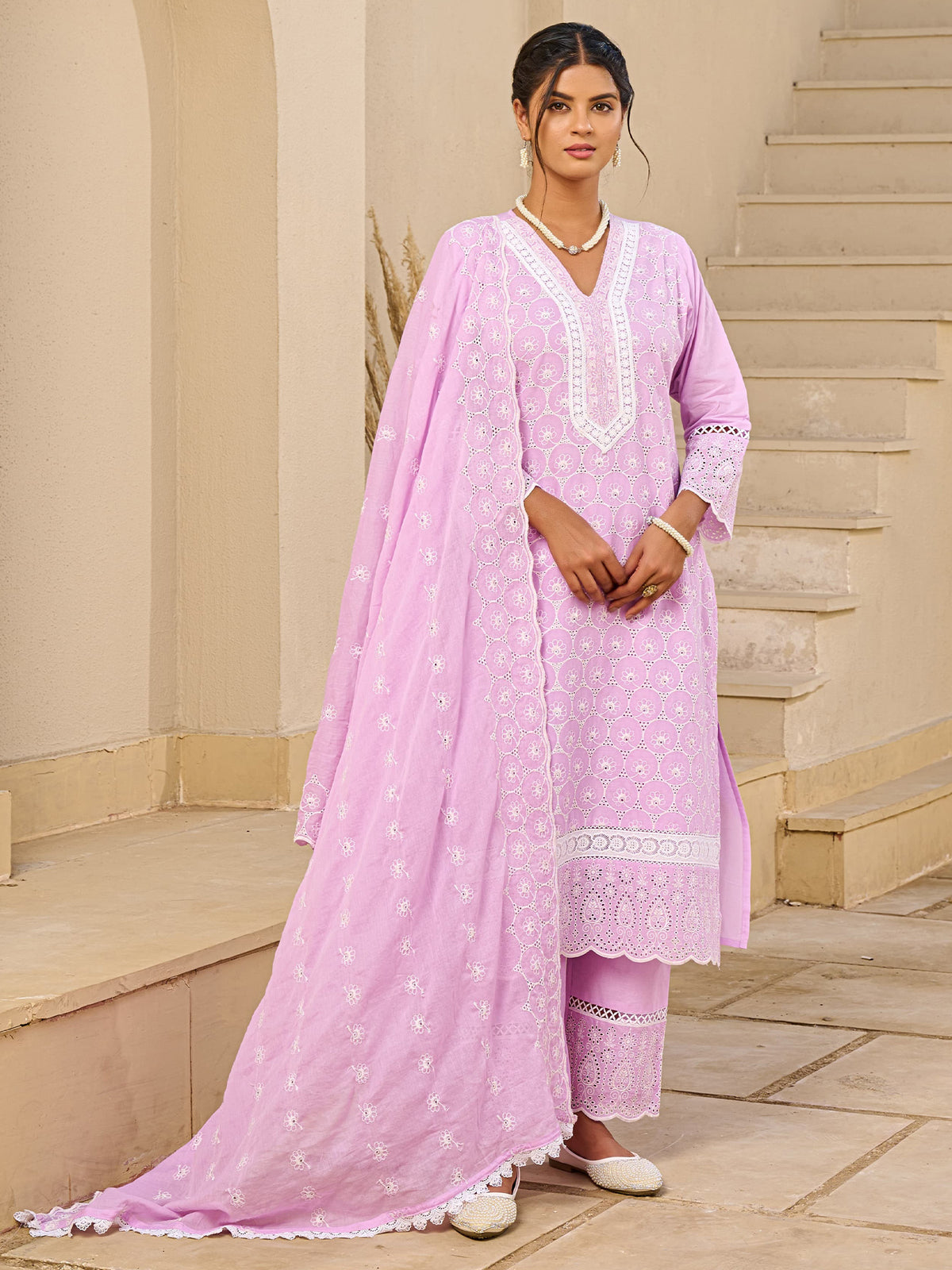 Pink Embroidered Straight Kurta Trousers With Dupatta Set