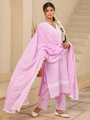 Pink Embroidered Straight Kurta Trousers With Dupatta Set