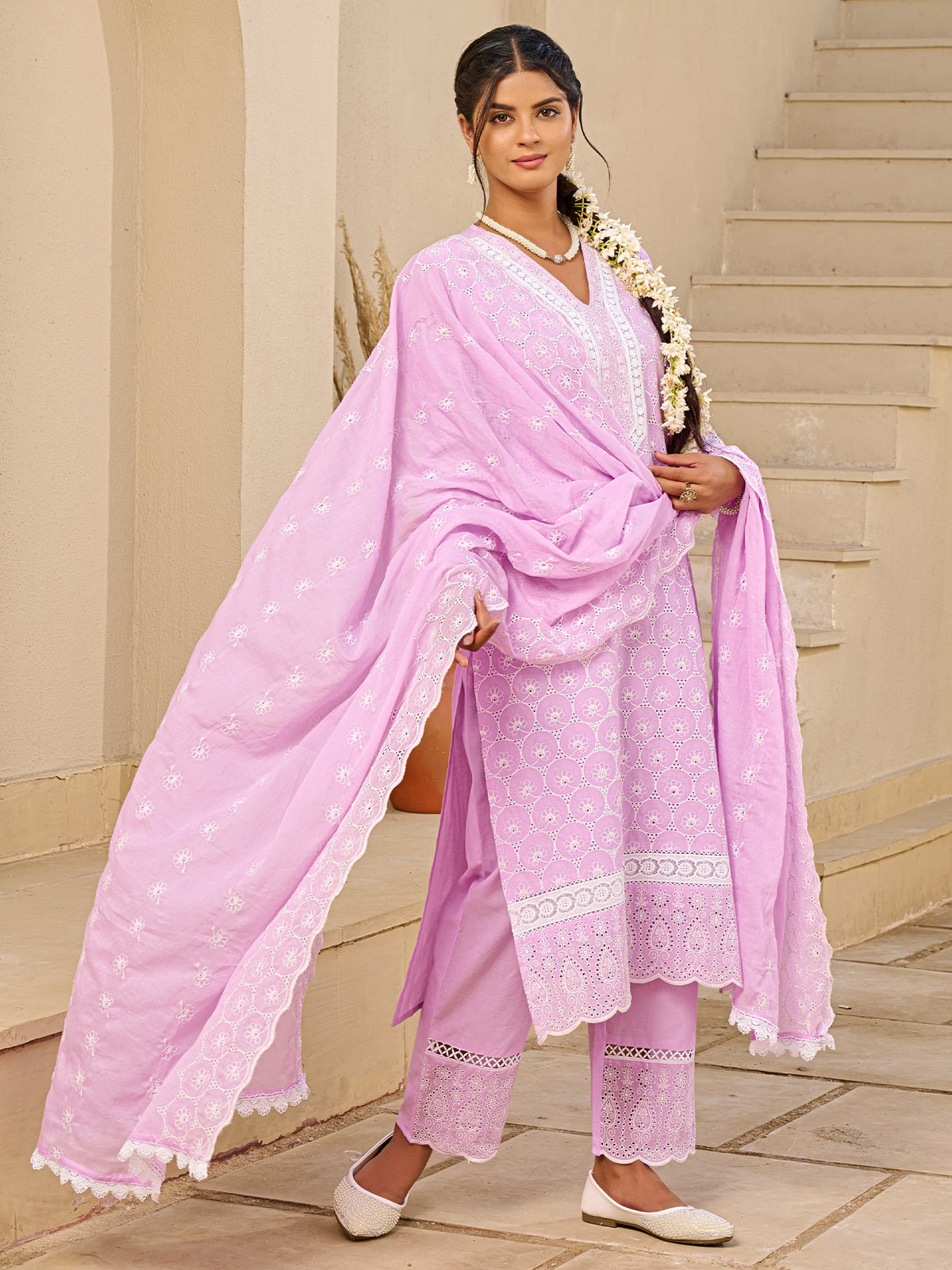 Pink Embroidered Straight Kurta Trousers With Dupatta Set