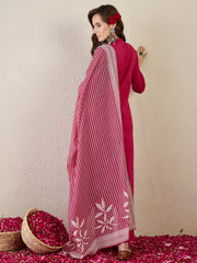 Pink Embroidered Straight Kurta Trousers With Dupatta Set