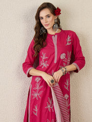 Pink Embroidered Straight Kurta Trousers With Dupatta Set