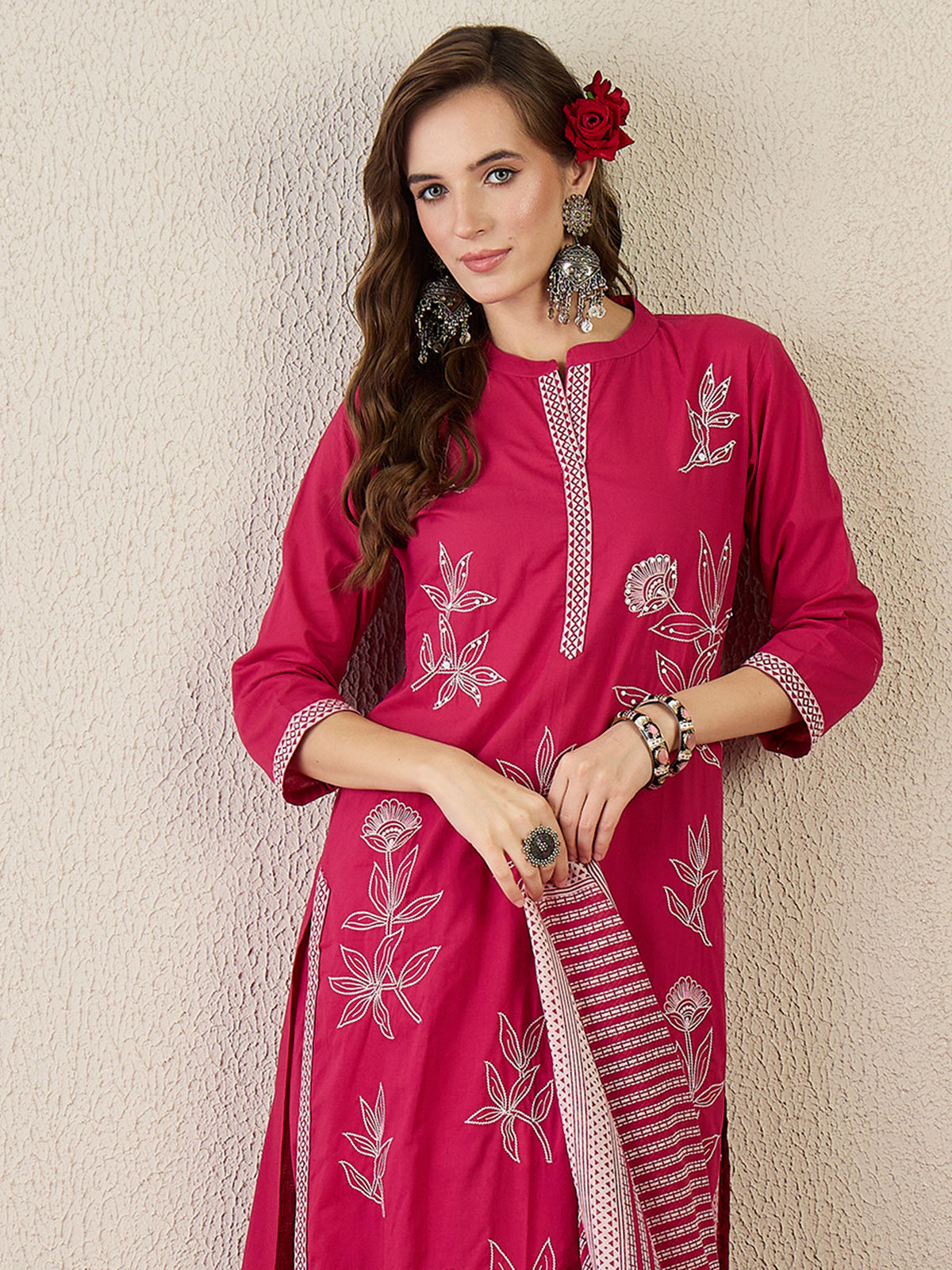 Pink Embroidered Straight Kurta Trousers With Dupatta Set