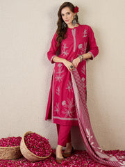 Pink Embroidered Straight Kurta Trousers With Dupatta Set