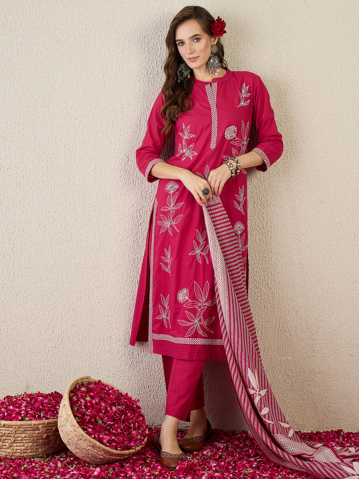 Pink Embroidered Straight Kurta Trousers With Dupatta Set