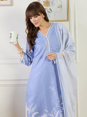 Blue Printed Straight Kurta Trousers With Dupatta Set