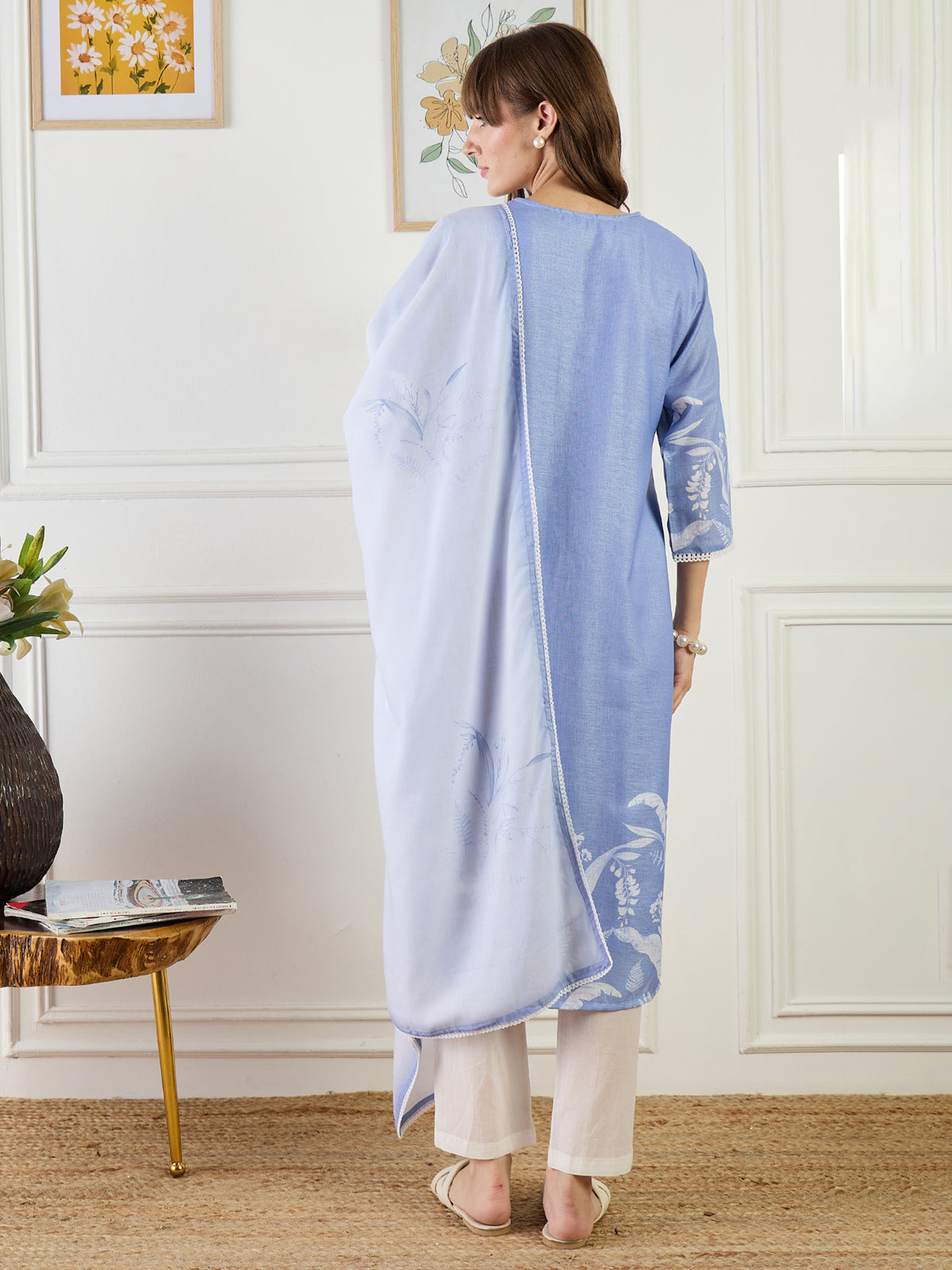 Blue Printed Straight Kurta Trousers With Dupatta Set