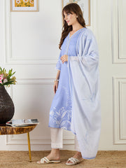 Blue Printed Straight Kurta Trousers With Dupatta Set