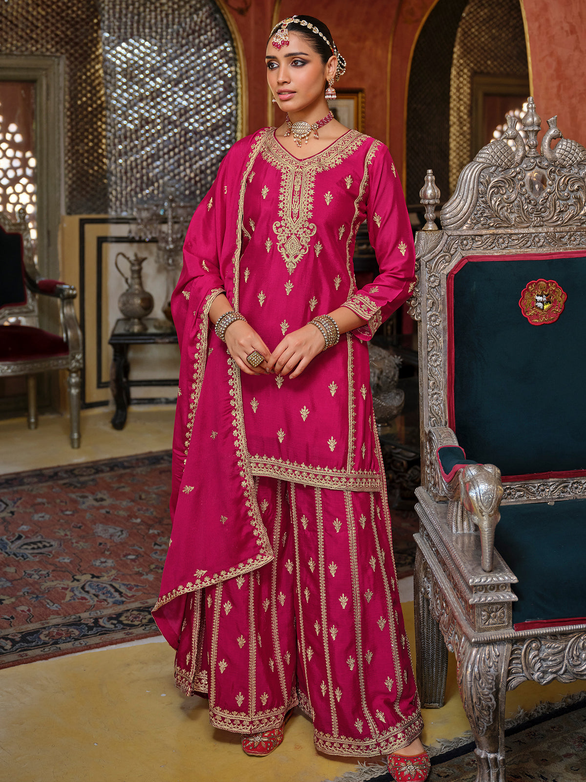 Pink Embroidered Straight Kurta Palazzos With Dupatta Set