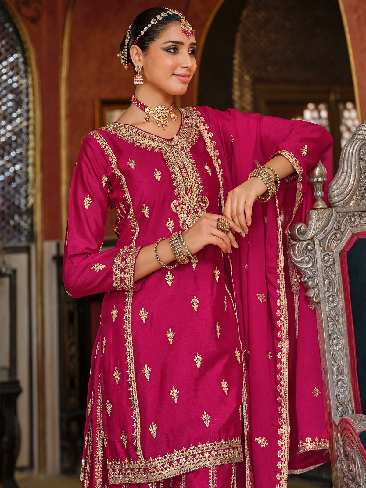 Pink Embroidered Straight Kurta Palazzos With Dupatta Set