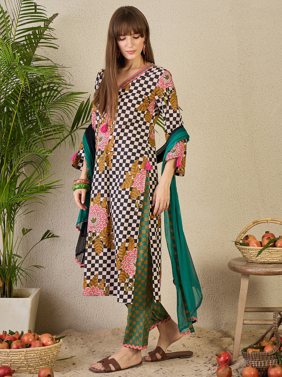 Multi Printed Straight Kurta Trousers With Dupatta Set