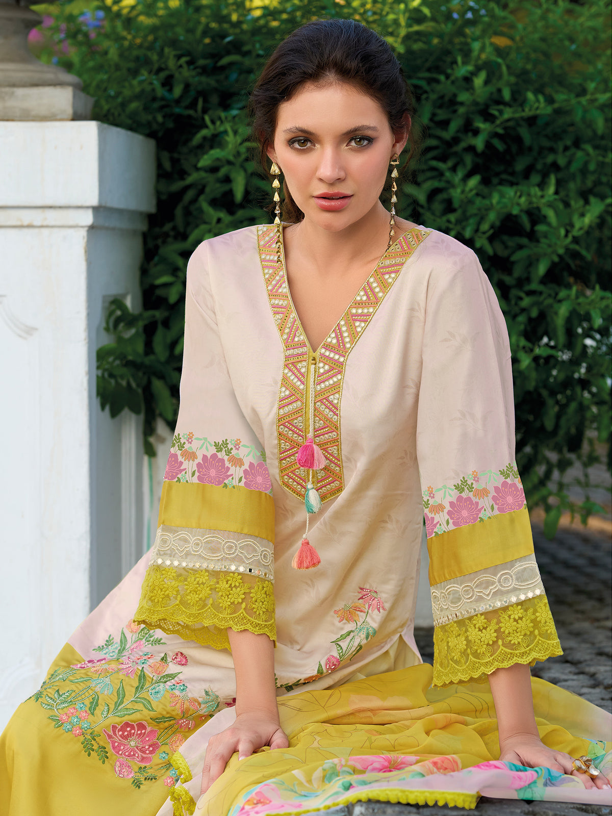 Yellow Embroidered Straight Kurta Trousers With Dupatta Set