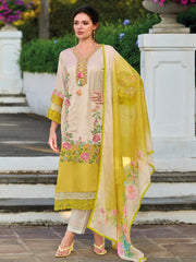 Yellow Embroidered Straight Kurta Trousers With Dupatta Set