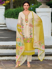 Yellow Embroidered Straight Kurta Trousers With Dupatta Set