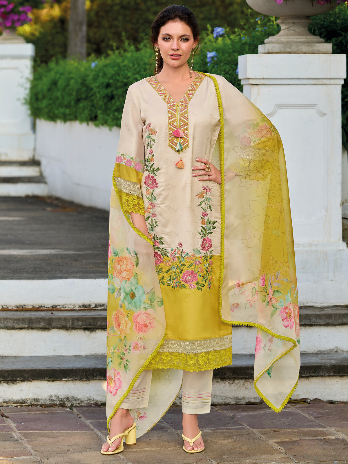 Yellow Embroidered Straight Kurta Trousers With Dupatta Set