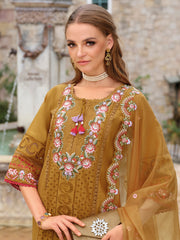 Mustard Embroidered Straight Kurta Trousers With Dupatta Set