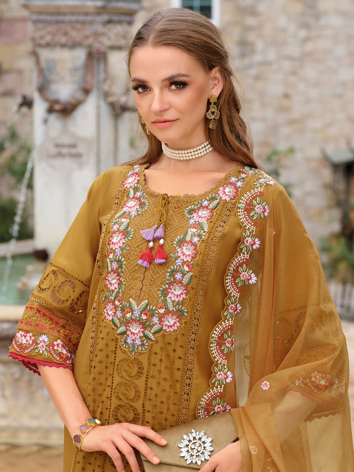 Mustard Embroidered Straight Kurta Trousers With Dupatta Set