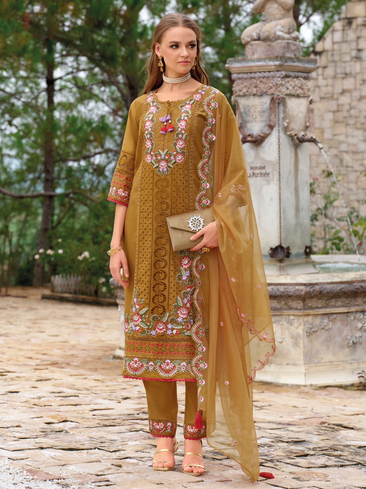 Mustard Embroidered Straight Kurta Trousers With Dupatta Set