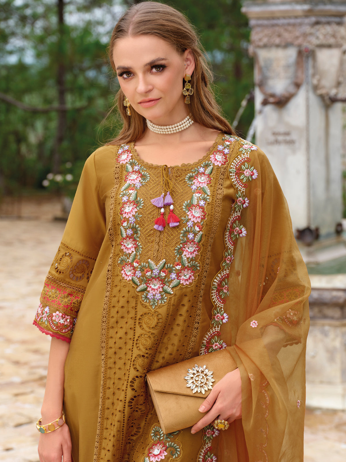 Mustard Embroidered Straight Kurta Trousers With Dupatta Set