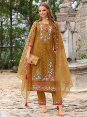 Mustard Embroidered Straight Kurta Trousers With Dupatta Set