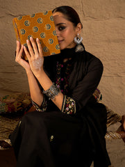 Black Embroidered A-Line Kurta Trousers With Dupatta Set