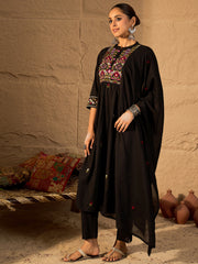 Black Embroidered A-Line Kurta Trousers With Dupatta Set