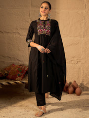 Black Embroidered A-Line Kurta Trousers With Dupatta Set