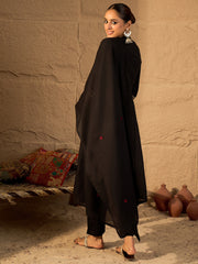 Black Embroidered A-Line Kurta Trousers With Dupatta Set
