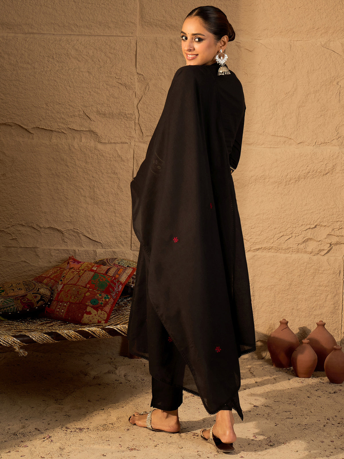 Black Embroidered A-Line Kurta Trousers With Dupatta Set
