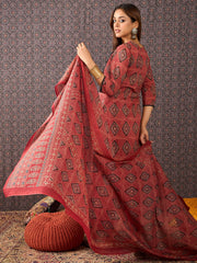 Rust Printed Straight Kurta Trousers With Dupatta Set