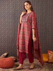 Rust Printed Straight Kurta Trousers With Dupatta Set