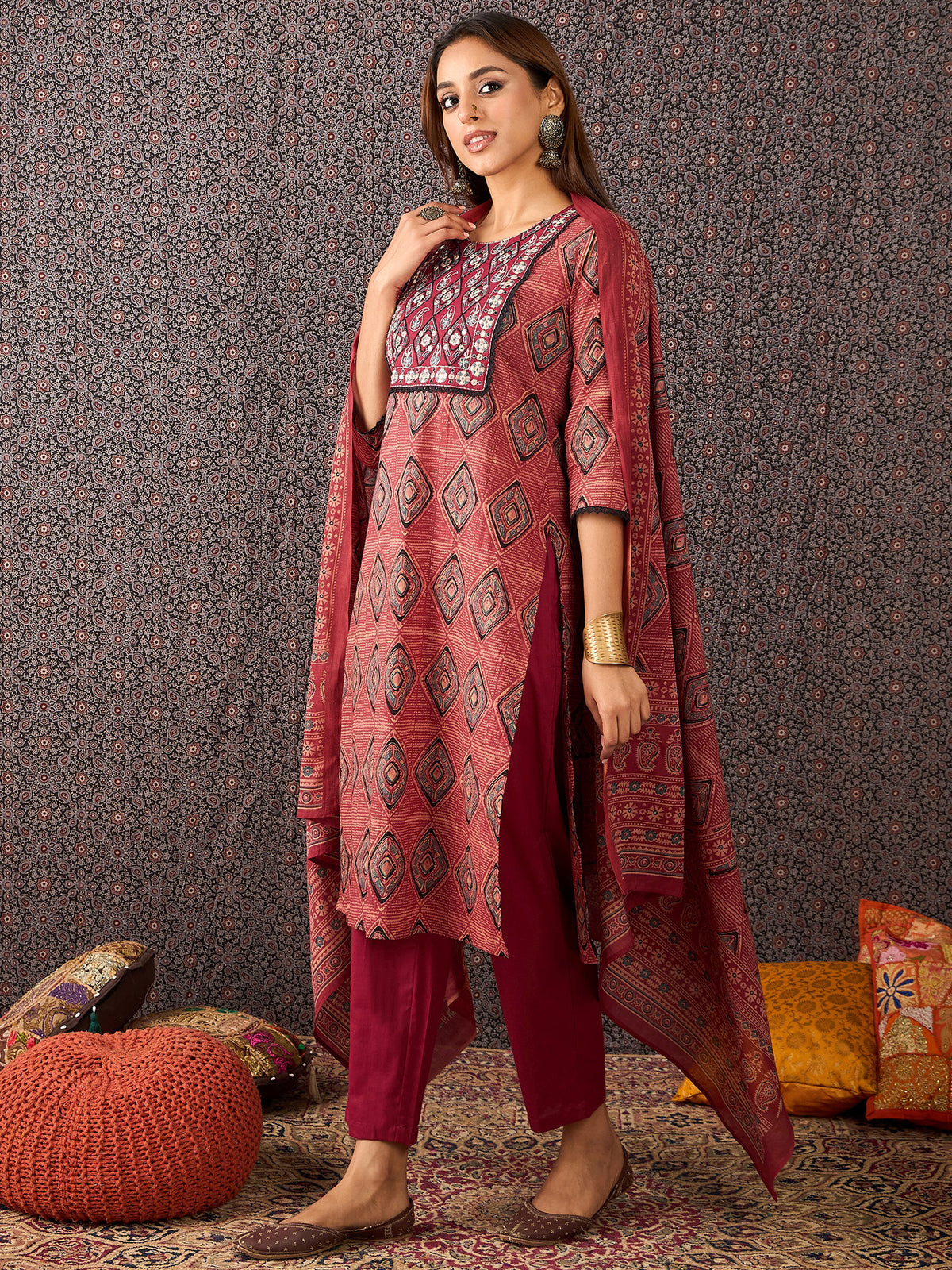 Rust Printed Straight Kurta Trousers With Dupatta Set