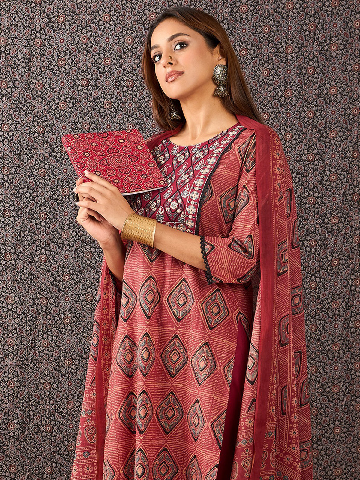 Rust Printed Straight Kurta Trousers With Dupatta Set