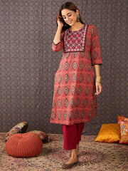 Rust Printed Straight Kurta Trousers With Dupatta Set