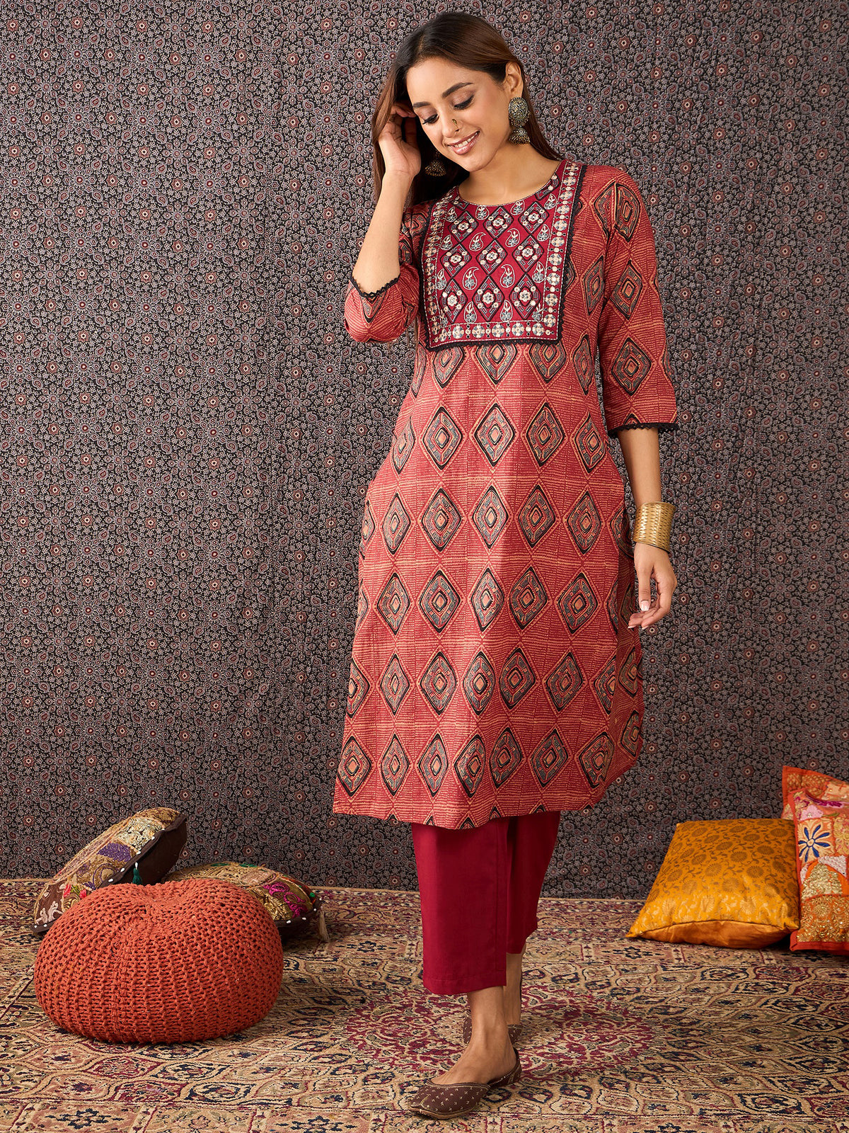 Rust Printed Straight Kurta Trousers With Dupatta Set