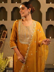 Mustard Embroidered Straight Kurta Trousers With Dupatta Set