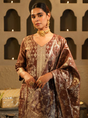 Brown Woven Design Straight Kurta Trousers With Dupatta Set